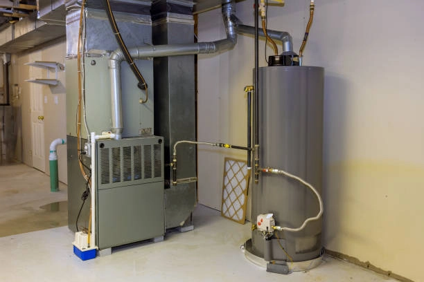 Residential furnace and water heater system installed in a utility room. -heat and air duct repair