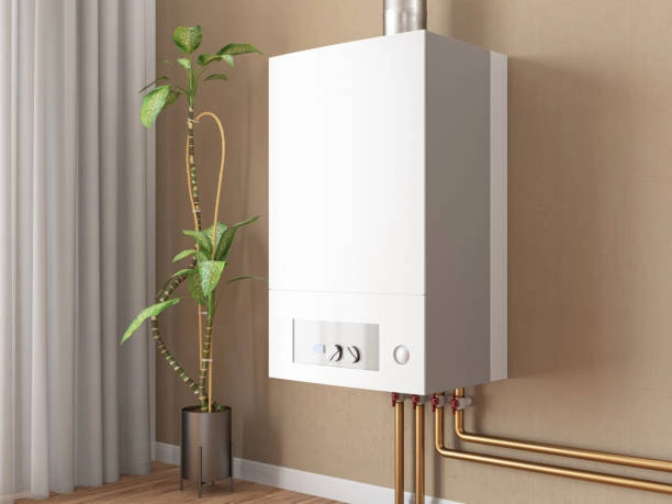 Wall-mounted boiler system with connected pipes in a modern interior. -heat and air duct repair