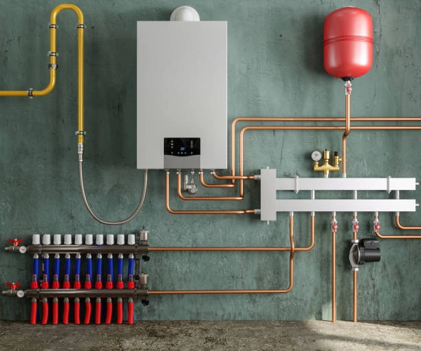 Modern boiler heating system with copper pipes, expansion tank, and manifold. -heater installation
